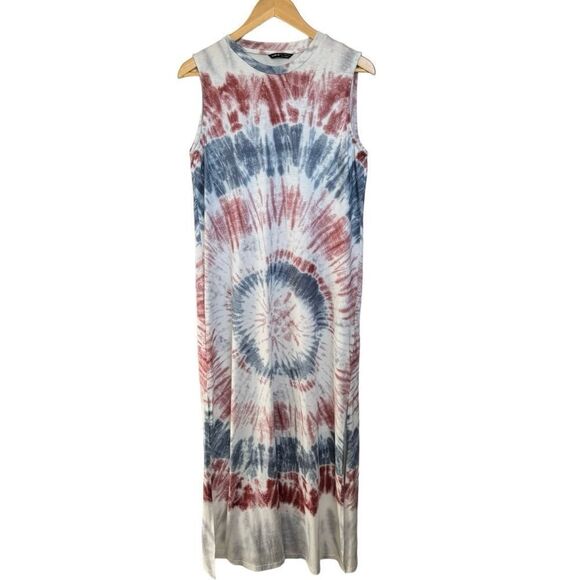 SHEIN Dresses & Skirts - SHEIN Sleeveless Red Blue Tie Dye Split Hem Crewneck Pullover Maxi Dress. Large.